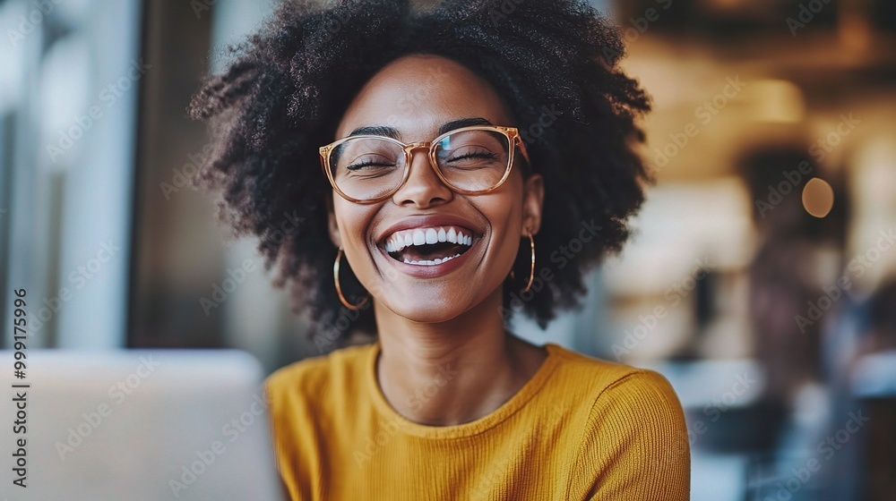 Sticker Happy Woman Smiling While Using Laptop in Modern Space