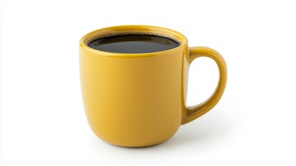 A yellow coffee mug with a dark brown liquid inside