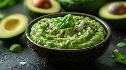 Creamy avocado dip with red pepper flakes, salt and basil leaves in a brown bowl with halved avocados in the background.
