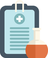 Medical analysis concept with clipboard and laboratory flask containing orange liquid