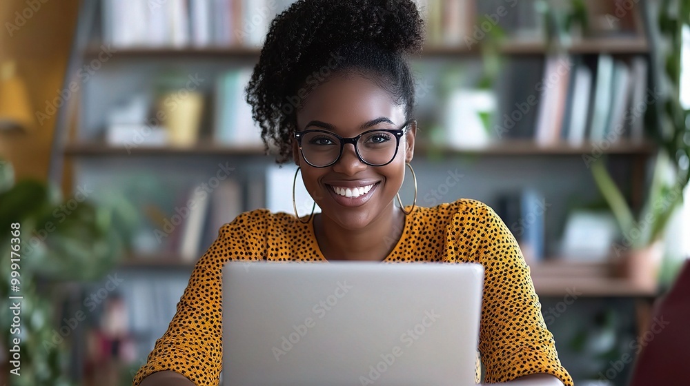 Poster Happy Woman Working on Laptop at Home Office