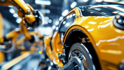 Fototapeta premium A yellow car is being built in a factory