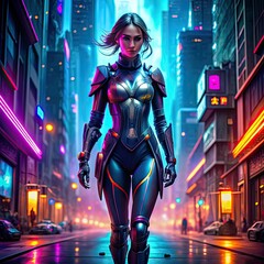 A female hero in a futuristic, armored suit walks confidently through a neon-lit cityscape