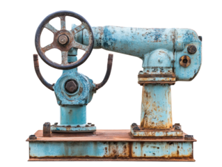 Vintage industrial machine, blue rusted metal, isolated on white background. transparent background.