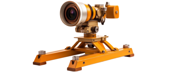 High-tech camera on a tripod with a vibrant orange design, showcasing advanced features. transparent background.