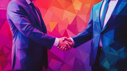 Businessmen shake hands after the successful completion of the deal. creative poster in trendy low poly style. generative ai illustration. Low Poly Art. Illustration