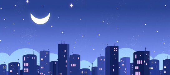 a City Skyline at Night with Stars and Moon, Urban Glow Against Dark Blue Background 