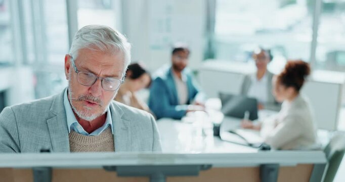 Mature businessman, whiteboard and coaching with team for presentation, meeting or brainstorming at office. Man, CEO or executive talking to group of employees for staff training, ideas or proposal
