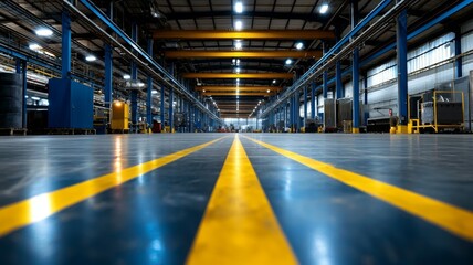 A large industrial building with a yellow line down the middle