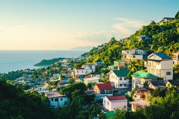 Obraz premium Tropical hillside town overlooking the ocean