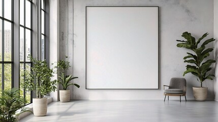 Modern Interior with Large Blank Canvas and Green Plants