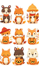 Obraz premium A set of cute animals wearing hats and scarves, including a cat, a dog, a rabbit