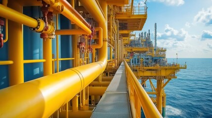 Bright Yellow Pipeline on an Offshore Gas Platform Under Blue Sky and Sunlight. Generative AI