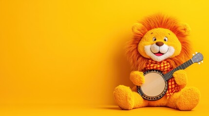 A cheerful plush lion playing a banjo, set against a bright yellow background, evokes a playful and warm atmosphere.