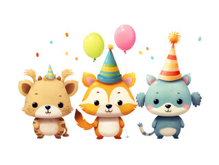 Naklejka premium Three cartoon animals wearing party hats and balloons