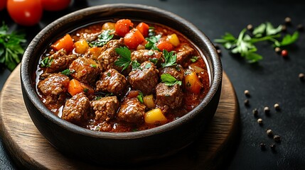 A bowl of beef stew with peppers, carrots, and tomatoes.