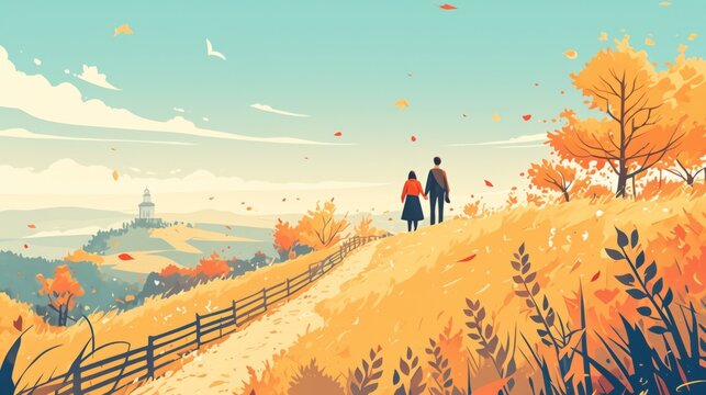 ouple Walking Along a Path to the Mountain Top in Autumn,  with Falling Leaves