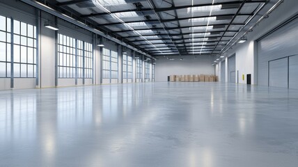 A large, empty warehouse with a lot of windows