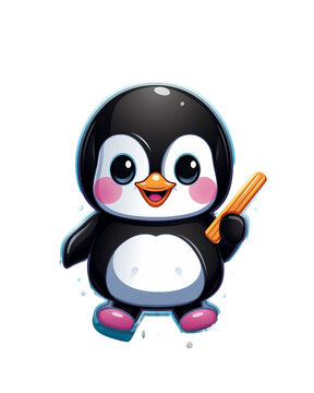 recommend clip art: A cartoon penguin holding a stick and smiling