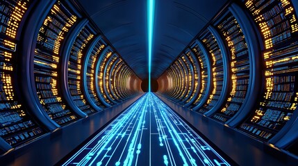 Fototapeta premium Futuristic Virtual Library - Dynamic Book Cubes and Data Streams Zoom Background