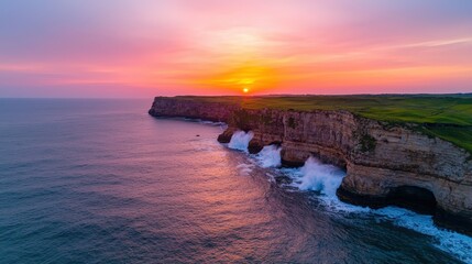 Dramatic Ocean Waves Crashing on Rocky Cliffs at Sunset