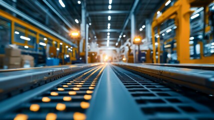 Obraz premium A factory with a conveyor belt and a lot of boxes
