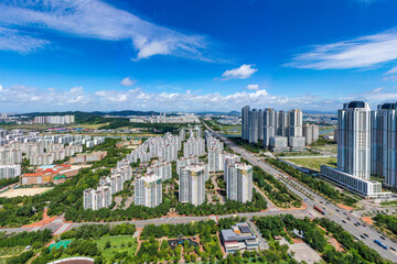 Songdo, Yeonsu-gu, Incheon, South Korea - September 3, 2020: Aerial view of parks and highrise apartments at Songdo International City