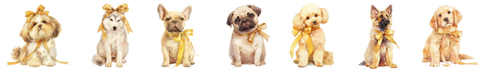 Obraz premium Coquette dog gold ribbon bow png cut out element set