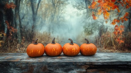 Pumpkins on Wood with Spooky Forest Background
