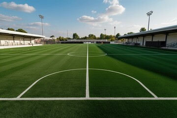 Fototapeta premium Bright Green Athletic Turf in a Vacant Soccer Complex at Match Day