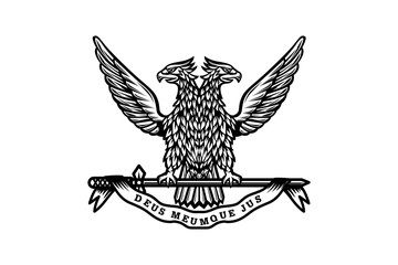 two headed eagle black white vector logo, deus meumque jus