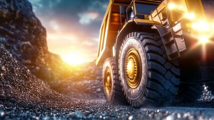 A large yellow truck is driving down a rocky road