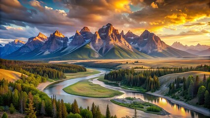 Fototapeta premium Panoramic View of Majestic Mountain Range at Dawn, Featuring Soft, Warm Light, Accentuating Geological Formations, Rolling Hills, and a Serpentine River.