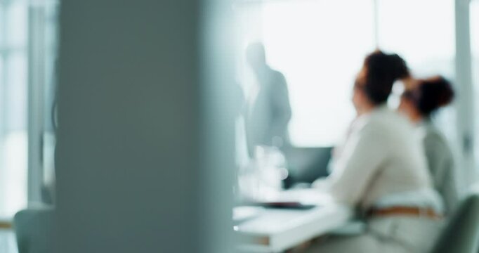 Business people, meeting and presentation with applause in blur for teamwork, coaching or collaboration at office. Presenter or mentor talking to group of employees on strategy or brainstorming ideas