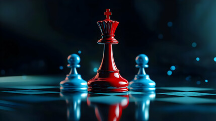 Red Chess Queen Piece on Board with Blue Pawns