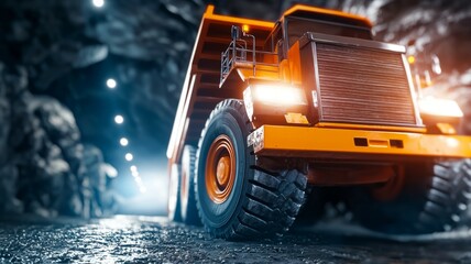 A large orange truck is driving down a tunnel