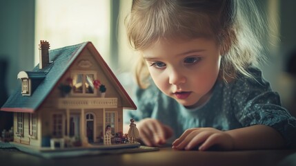A little girl plays with a dollhouse, looking at it with curiosity and wonder.