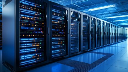 A row of computer servers are lit up in blue