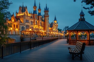 Fototapeta premium Enchanting castle at night with illuminated architecture and walkway