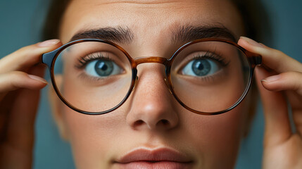 Fototapeta premium person holding eyeglasses with focused expression, showcasing clear blue eyes and thoughtful demeanor. image captures moment of contemplation and curiosity