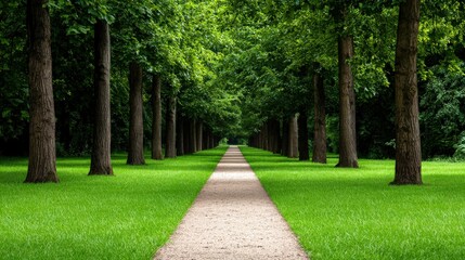 Fototapeta premium Serene Forest Pathway with Sun Dappled Light Nature Trees Green Grass Walkway Tranqu