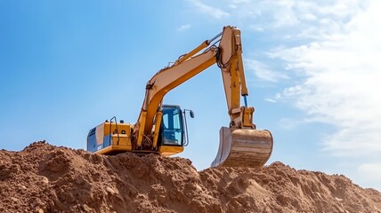 Obraz premium A yellow excavator is digging into a pile of dirt