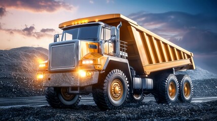 Obraz premium A large yellow dump truck is driving on a rocky road