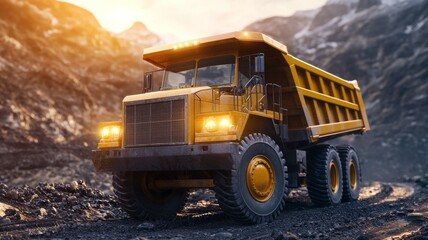 A yellow dump truck is driving down a dirt road