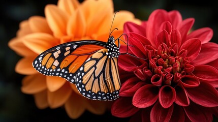 Monarch Butterfly Landing on Red Dahlia Flower with Vibrant Colors