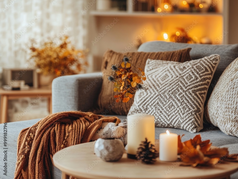 Canvas Prints Cozy living room with autumn decor on sofa and table featuring various color patterns