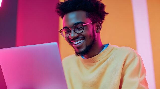 Portrait of happy young man with laptop on color background. 