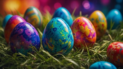 Colorful Easter eggs closeup on grass with bokeh lights background