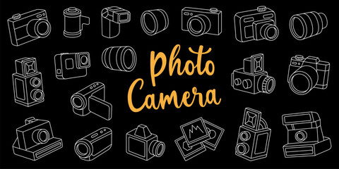 Camera outline set. Professional photography. Lens with shutters, instant camera, film strips, external flash. Vector illustration.