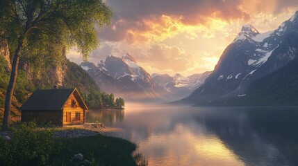 Fototapeta premium Serene mountain lake with log cabin at sunset
